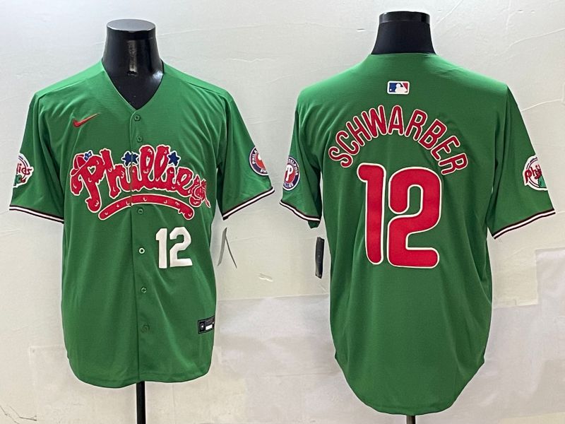 Men Philadelphia Phillies #12 Schwarber Green Fourth generation Joint Name Nike 2025 MLB Jersey style 2